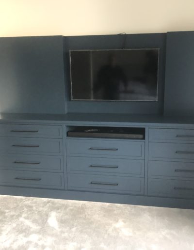 Fitted Media Unit. Finished in F&B Hague Blue