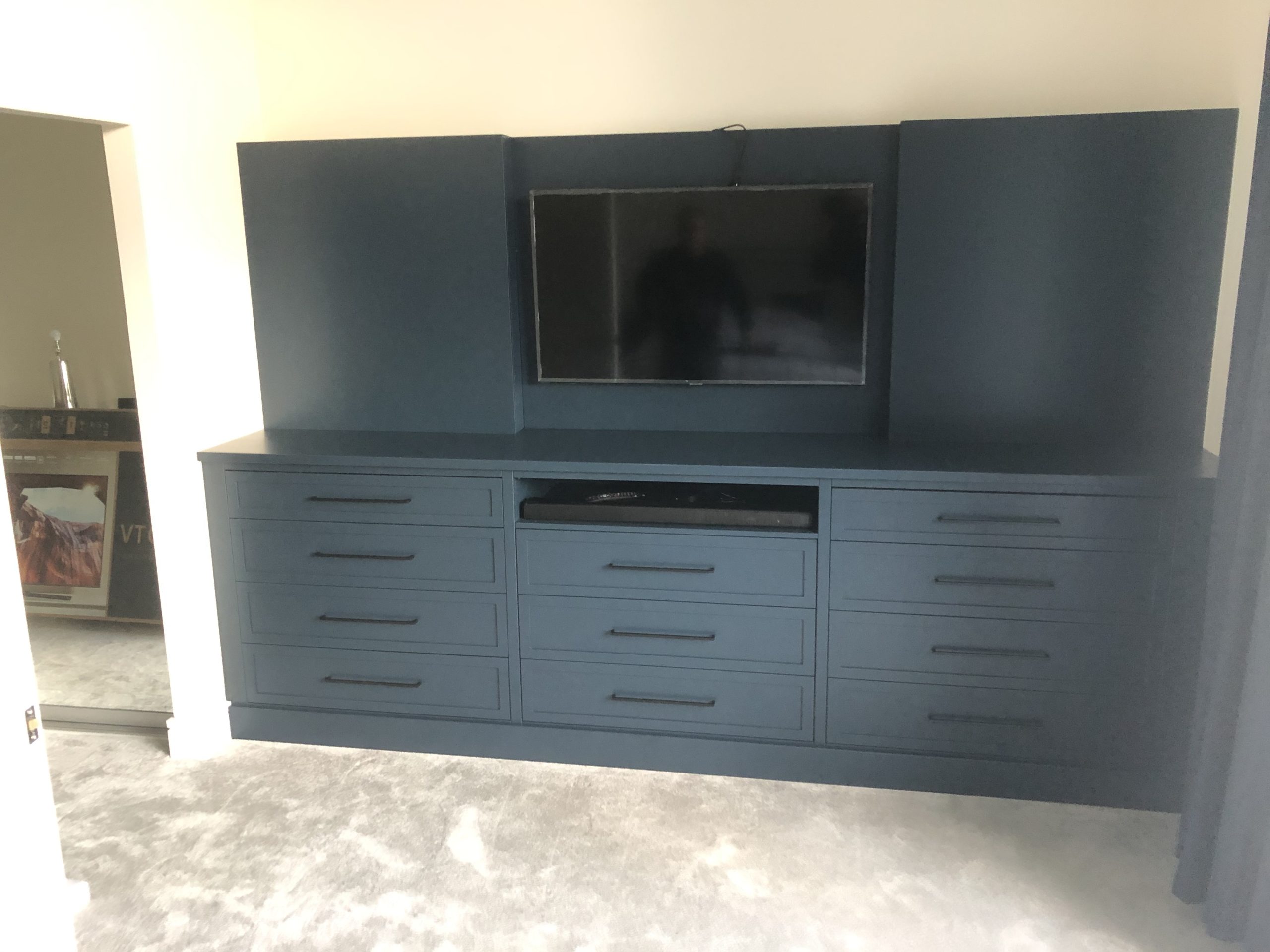 Fitted Media Unit. Finished in F&B Hague Blue Fitted Media Unit. Finished in F&B Hague Blue