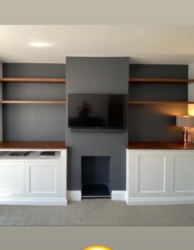 Alcove Units Finished in Ice White with Stained Oak Tops
