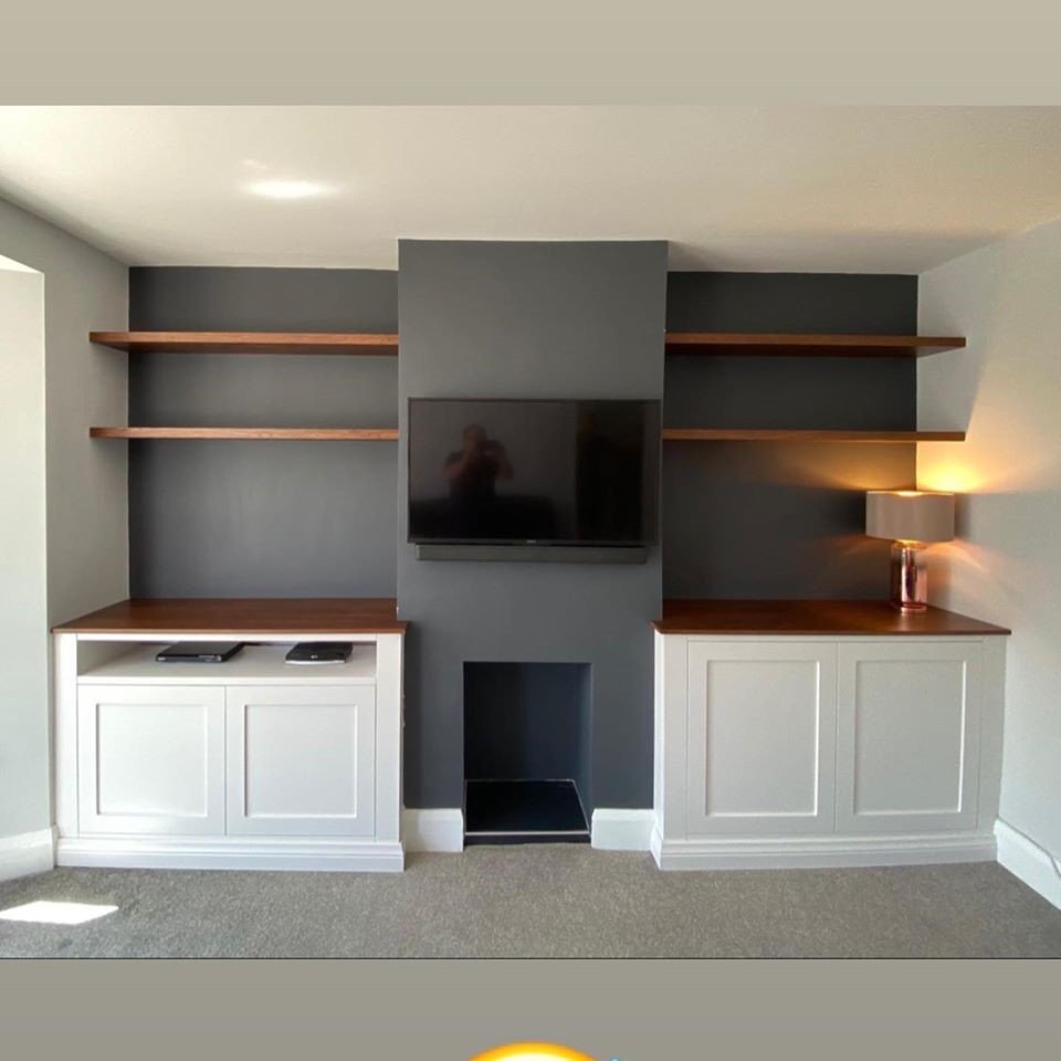 Alcove Units Finished in Ice White with Stained Oak Tops