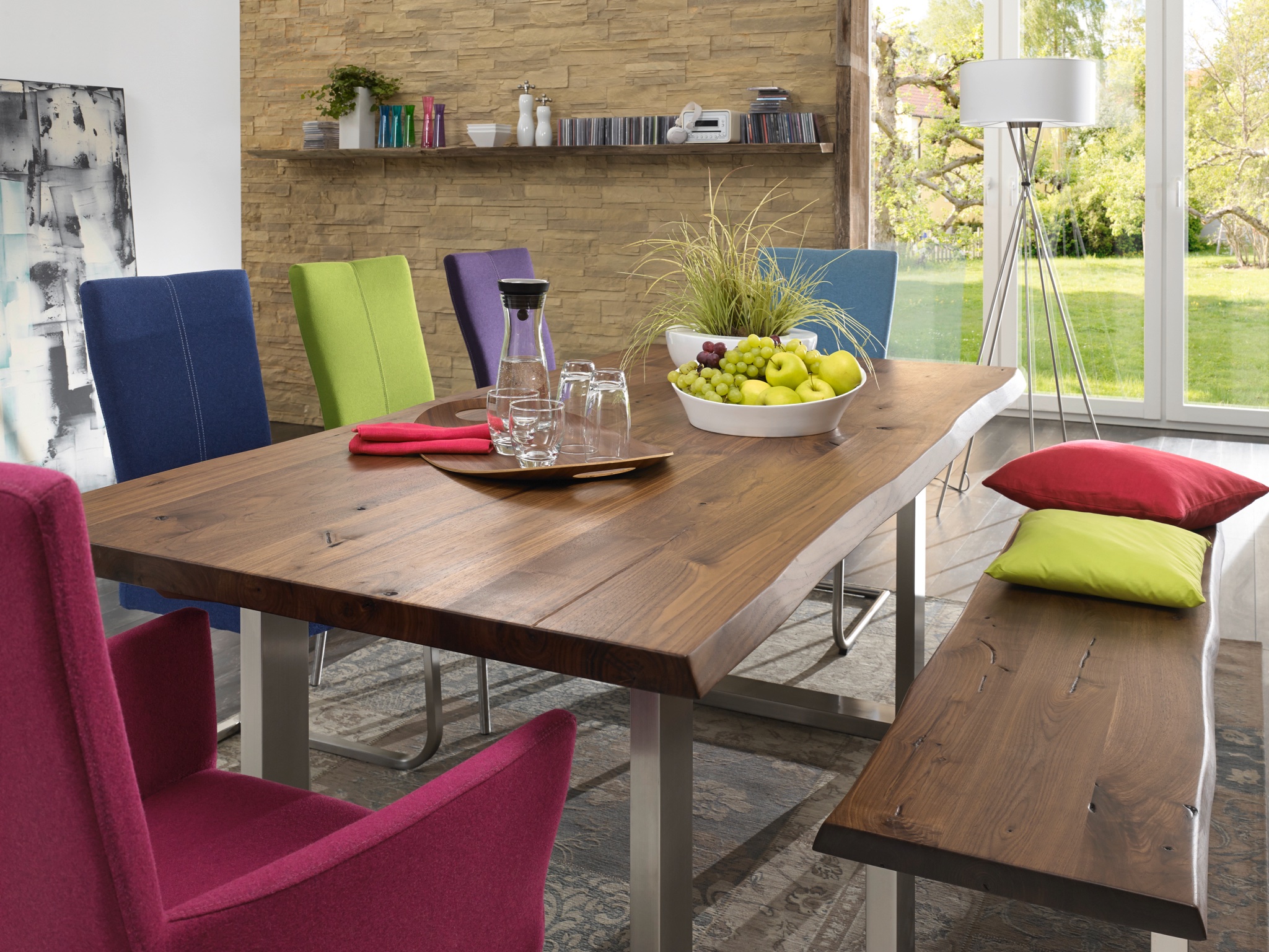 Fargo Walnut Table & Bench with Stainless Steel Legs