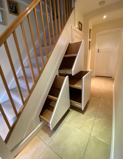 bespoke oak furniture Under stairs Shoe Storage Unit Painted in Ice White