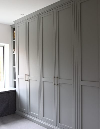 Fitted Dressing Room Chest of Drawers and Wardrobe. Finished in Harbour Grey (2)