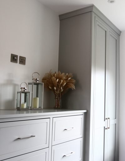Fitted Dressing Room Chest of Drawers and Wardrobe. Finished in Harbour Grey