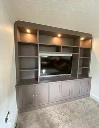 Tailor-made shaker style media display unit with remote LED lights Farrow & Ball London clay paint