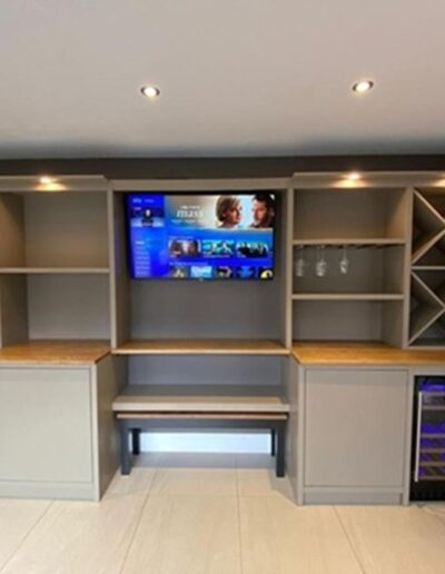 Kitchen storage unit, solid oak tops, push touch doors, custom made wine rack & glass holders