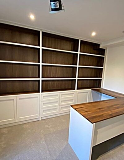 Shaker style home office unit, push touch openings, solid walnut tops & veneered walnut interiors finished in Farrow & Ball skimming stone paint