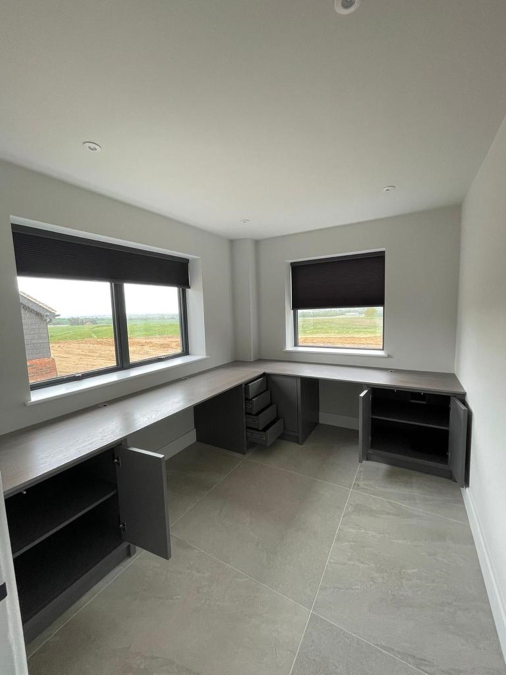 bespoke desk unit open cupboards