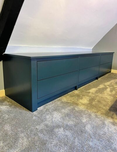Bespoke modern handless chest of drawers oak internals, push touch openings, finished in Farrow & Ball Hague blue