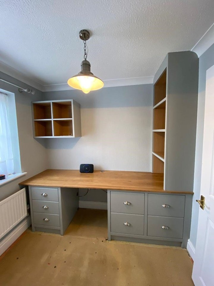 Home office unit, 4 large filling drawers, oak internals, solid oak top & finished in a natural stone paint
