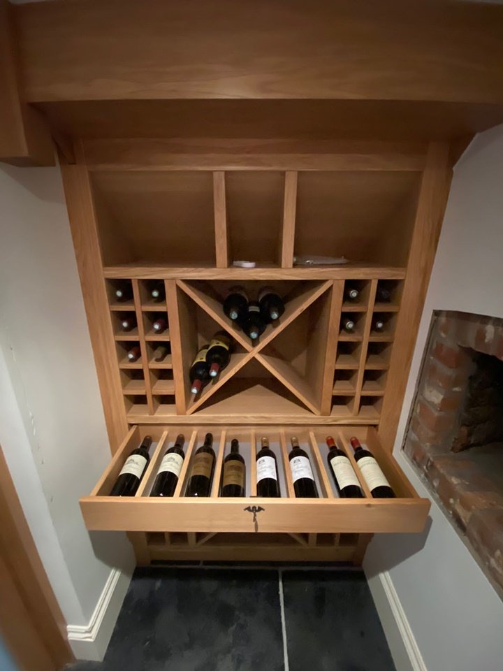 Unique wine rack with lined wine drawer and recessed LED Lights