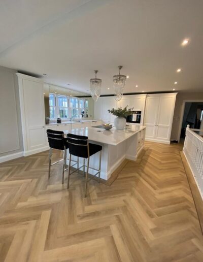 Complete kitchen fit shaker style detailed units, Calcutta gold quartz worktop, walnut internals finished in brilliant white paint