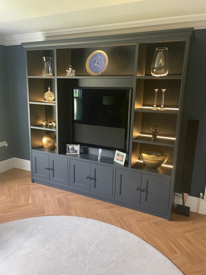Custom-made media unit remote feature recessed LED lights