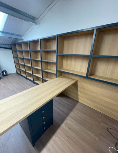 Office unit, 6 metres wide with open shelves & butted desk, Finsauk oak internals & tops, soft close drawers finished in Farrow & Ball Hague Blue