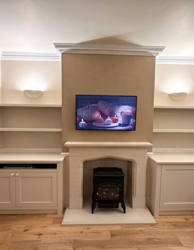 Bespoke shaker style alcove units with oak internals, finished Farrow and Ball Dimity