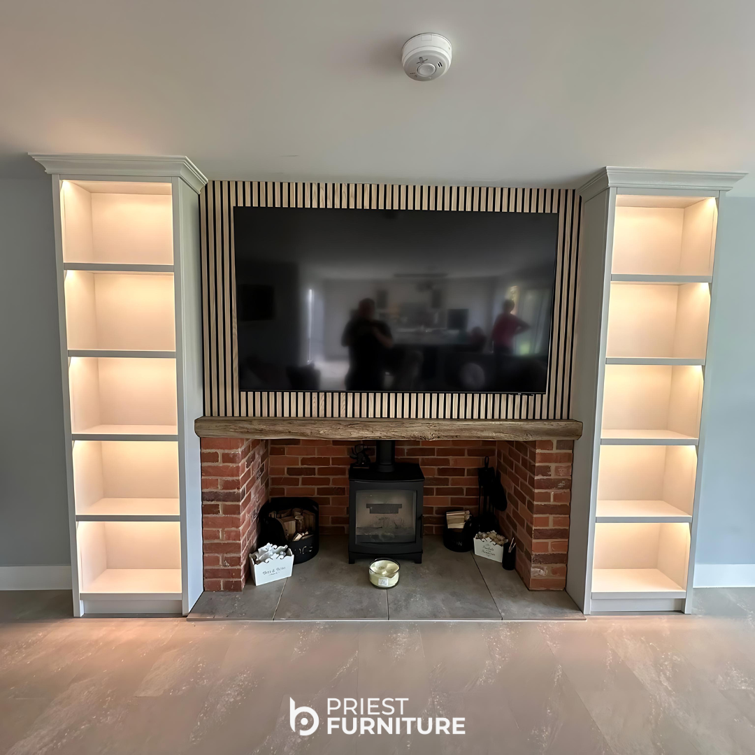 Custom media unit installed to our clients home featuring open shelving, painted in French Mid Grey by Little Green. Complete with LED lights an an acoustic back panel in contemporary oak