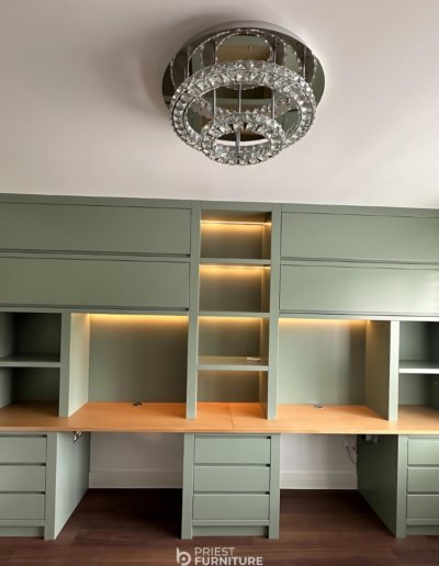 Bespoke fitted modern style home study sprayed in Farrow & Ball "Card Room Green"