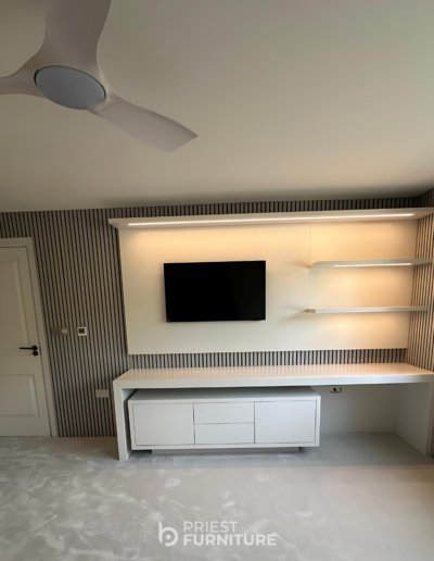 Bespoke desk with chest of drawers with stained grey oak veneer internals and finished in Strong White by Farrow & Ball.